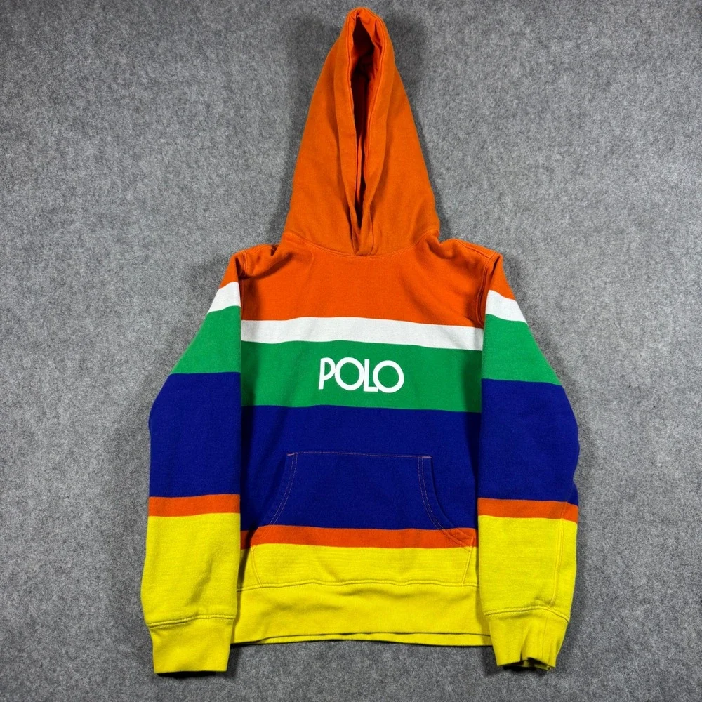 Polo Ralph Lauren Hoodie Kids XL 18-20 Multicolor Striped Logo Pullover Fleece